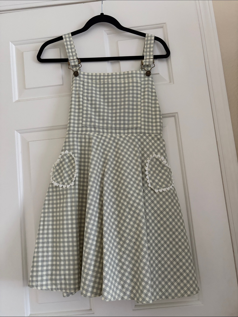 Bonne Chance Collections Sage Green Gingham Pinafore Dress with Heart Pockets
